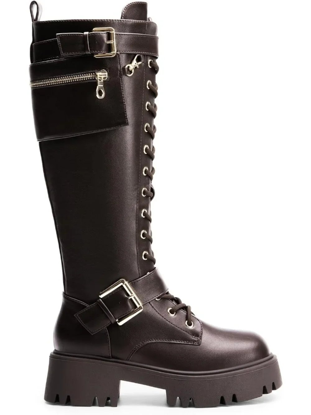 Dream Pairs Women's Brown Round Toe Lace Up Inside Zipper Knee High Combat Boots